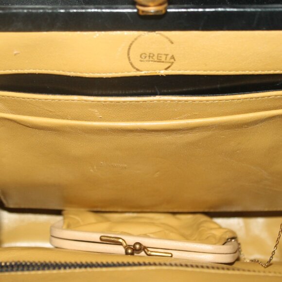 Vintage Greta Italy Leather Suede Diamond Pattern Onyx Kiss Lock Handbag Purse - Picture 5 of 11